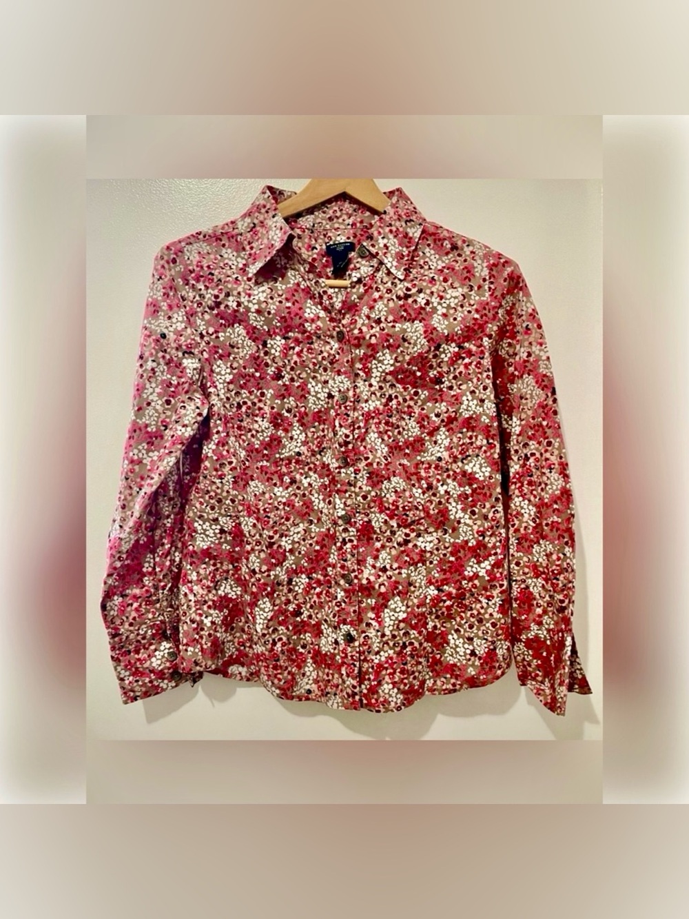 Cottagecore Ditsy Floral Blouse Taupe Pink Button Down Shirt Petite 10P